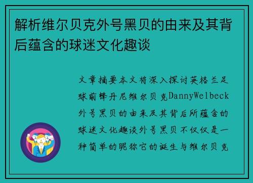 解析维尔贝克外号黑贝的由来及其背后蕴含的球迷文化趣谈